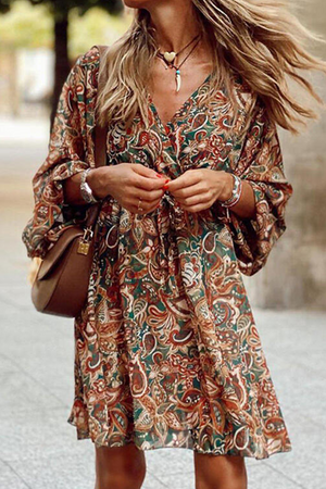 Momentlover Casual Print Patchwork V Neck Cake Skirt Dresses
