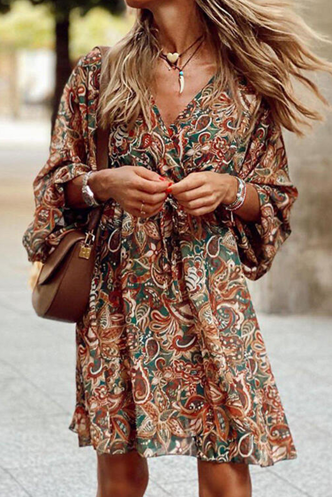 Momentlover Casual Print Patchwork V Neck Cake Skirt Dresses