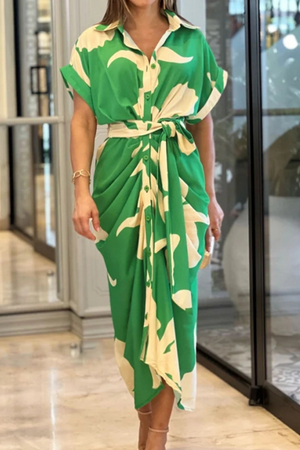 Momentlover Fashion Print Patchwork Turndown Collar Shirt Dress Dresses