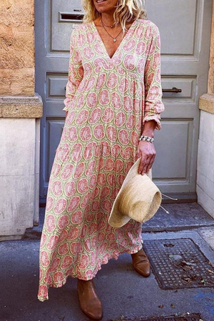 Momentlover Casual Print Patchwork V Neck Straight Dresses(5 Colors)