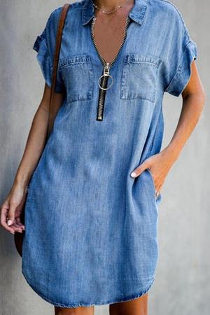 Momentlover Casual Solid Patchwork Turndown Collar Short Sleeve Straight Denim Dresses