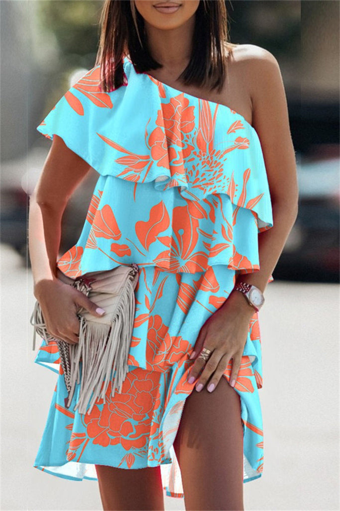 Momentlover Fashion Casual Print Patchwork Backless Oblique Collar Sleeveless Dress Dresses