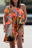 Momentlover Fashion Casual Print Patchwork Backless Oblique Collar Sleeveless Dress Dresses