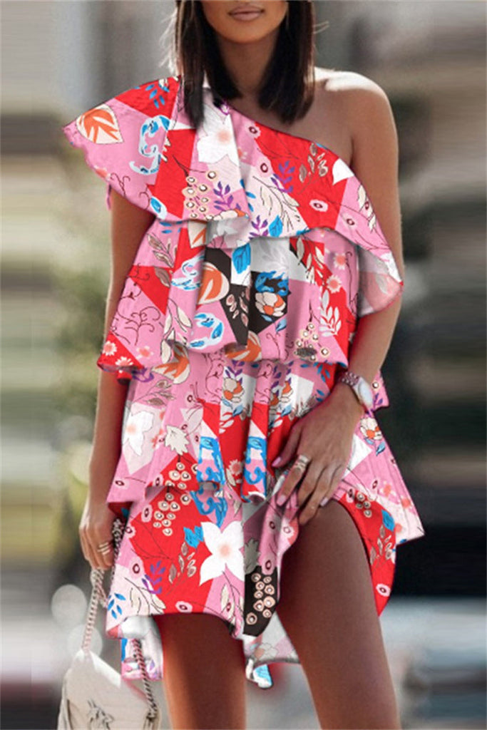 Momentlover Fashion Casual Print Patchwork Backless Oblique Collar Sleeveless Dress Dresses