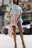 Momentlover Fashion Casual Print Patchwork Backless Oblique Collar Sleeveless Dress Dresses
