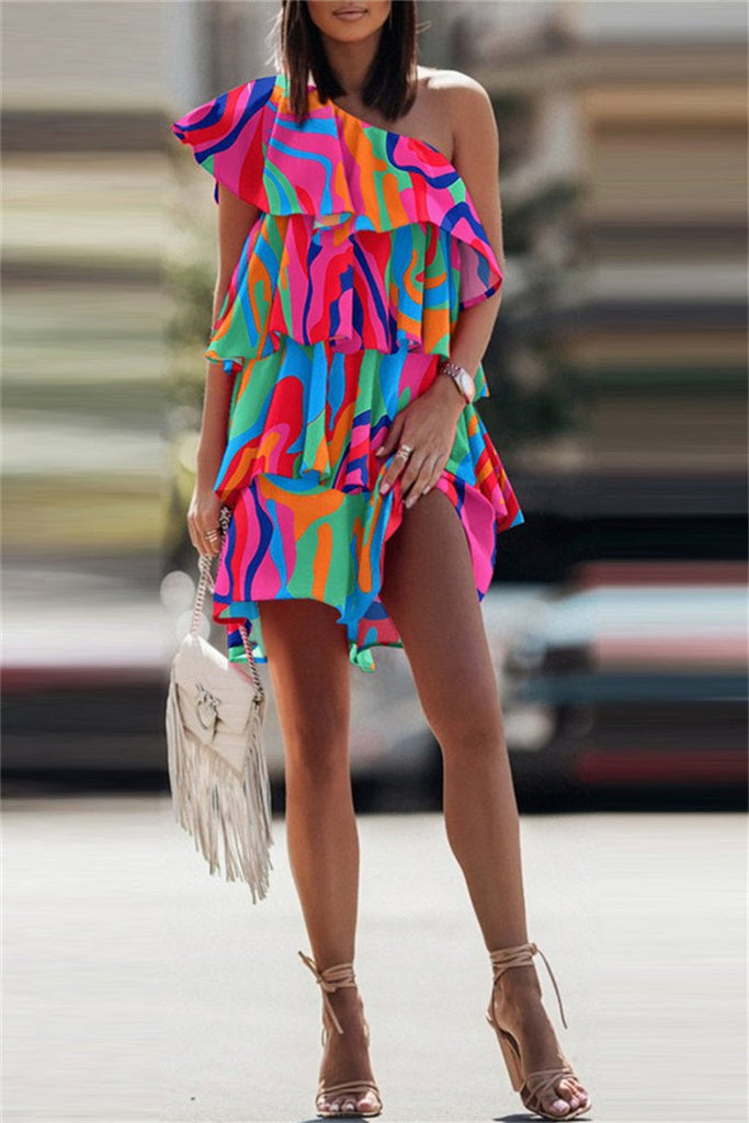 Momentlover Fashion Casual Print Patchwork Backless Oblique Collar Sleeveless Dress Dresses