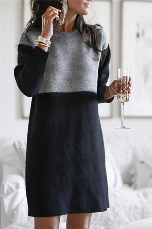 Momentlover Fashion Patchwork Solid Patchwork O Neck Long Sleeve Dresses