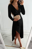 Momentlover Fashion Solid Patchwork V Neck Asymmetrical Dresses