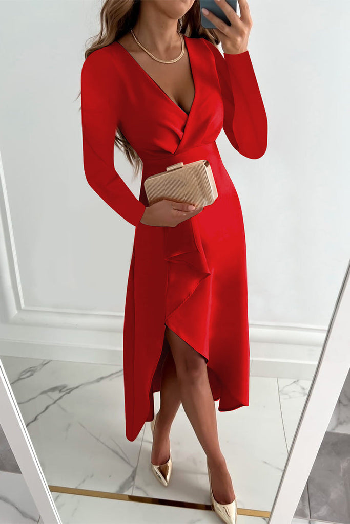Momentlover Fashion Solid Patchwork V Neck Asymmetrical Dresses