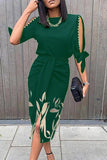 Momentlover Fashion Elegant Print Slit Beading O Neck Dresses
