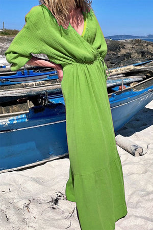 Momentlover Fashion Solid Patchwork V Neck A Line Dresses
