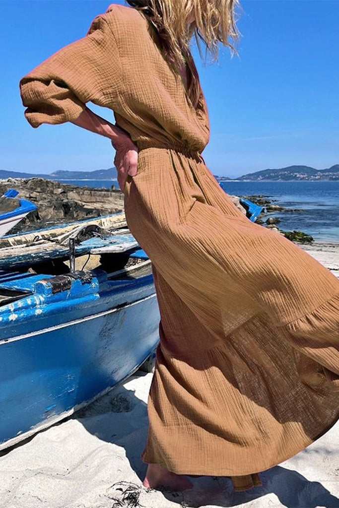 Momentlover Fashion Solid Patchwork V Neck A Line Dresses