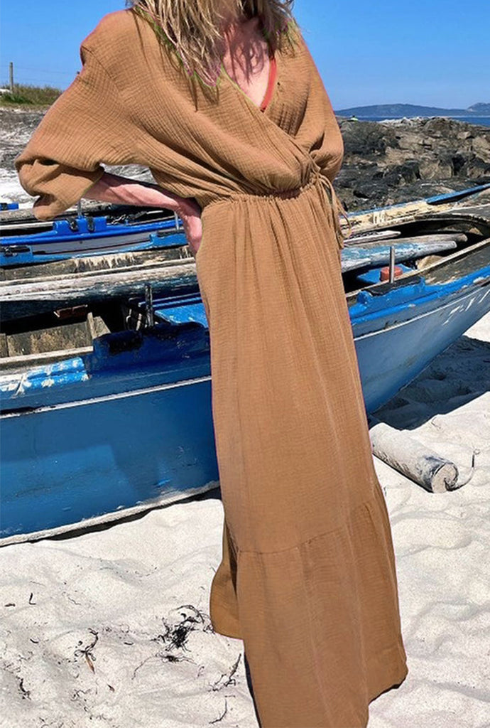 Momentlover Fashion Solid Patchwork V Neck A Line Dresses