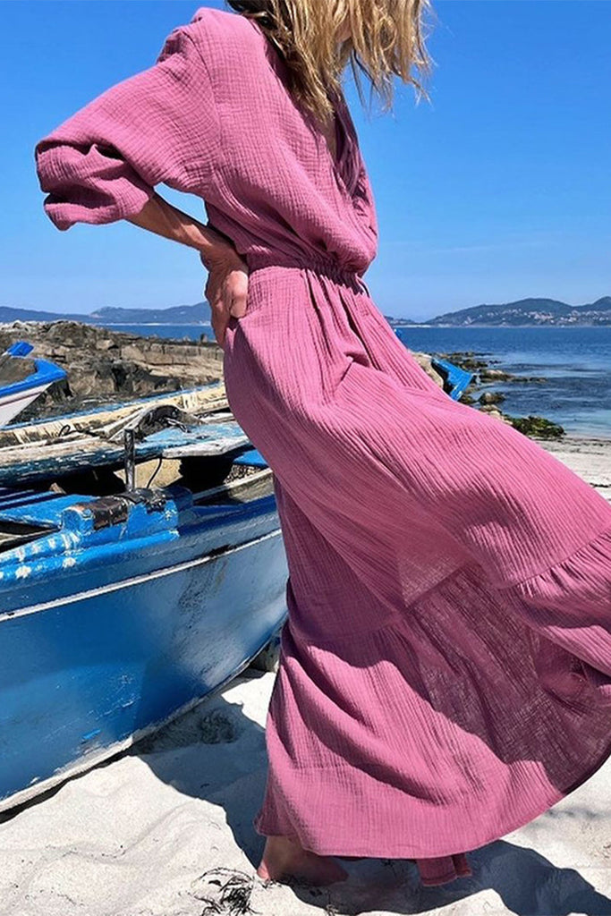 Momentlover Fashion Solid Patchwork V Neck A Line Dresses