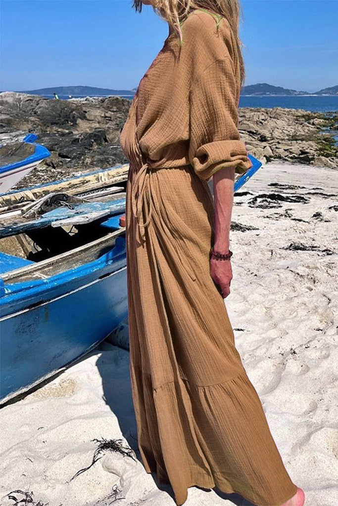 Momentlover Fashion Solid Patchwork V Neck A Line Dresses