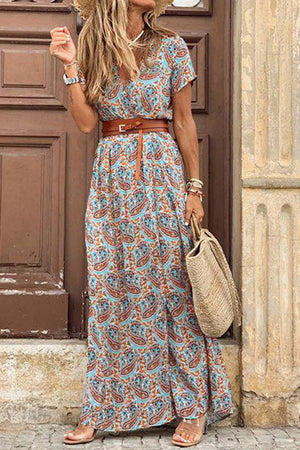 Momentlover Fashion Elegant Print V Neck Princess Dresses(3 Colors)