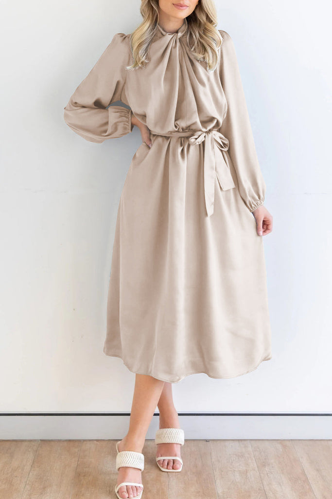 Momentlover Sweet Elegant Solid Bandage Mandarin Collar A Line Dresses