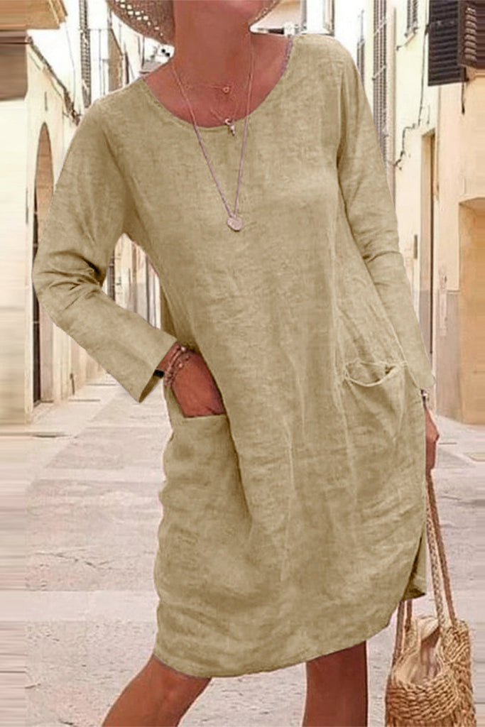 Momentlover Casual Solid Patchwork Pocket V Neck Dresses