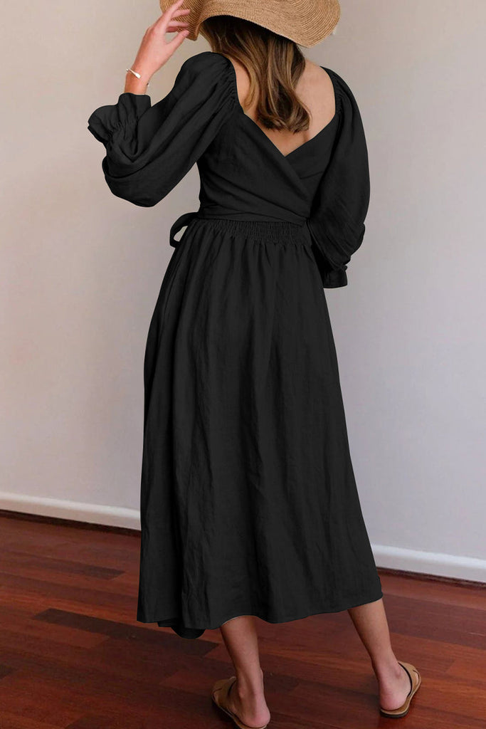 Momentlover Elegant Solid Flounce Square Collar A Line Dresses