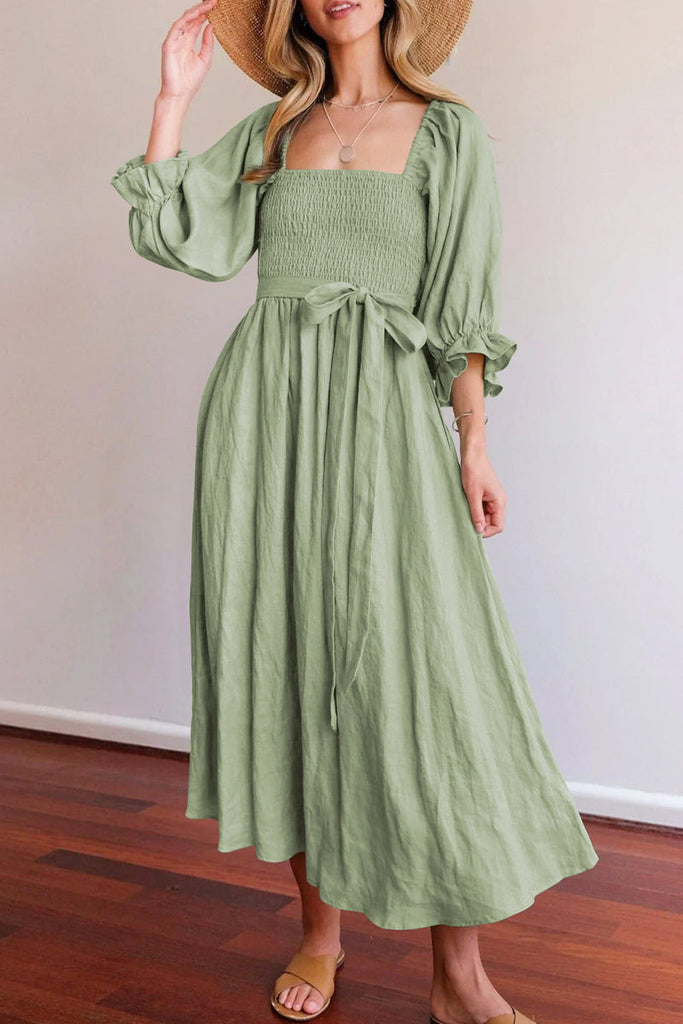 Momentlover Elegant Solid Flounce Square Collar A Line Dresses