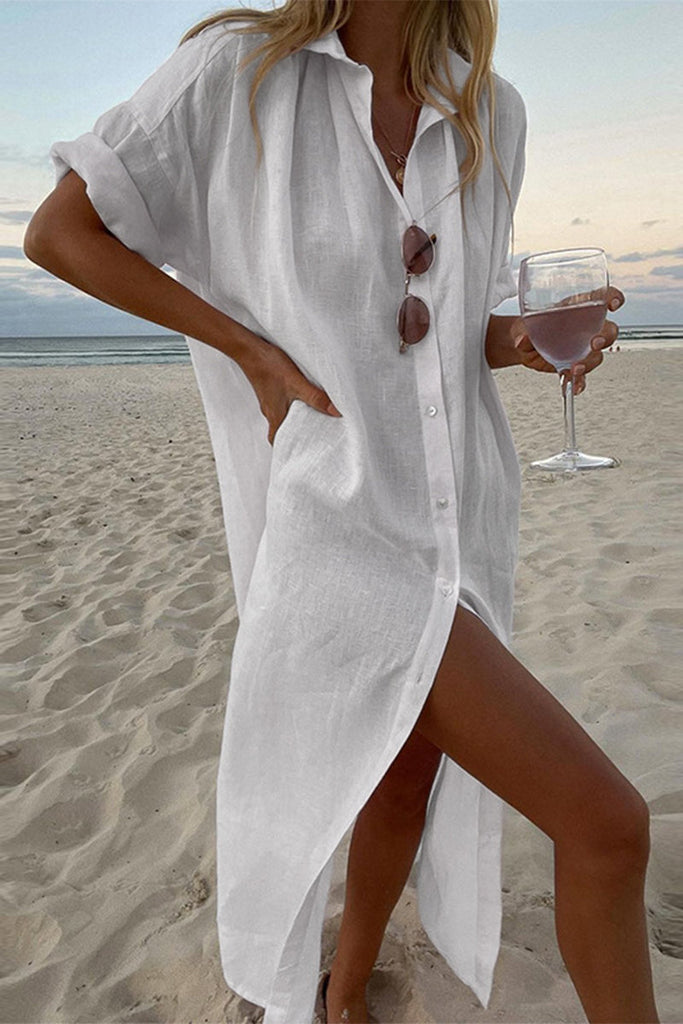 Momentlover Casual Solid Buckle Solid Color Turndown Collar A Line Dresses