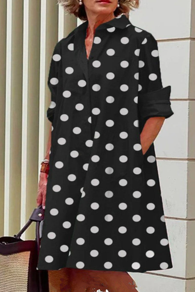 Momentlover Casual Print Polka Dot Patchwork Buckle Turndown Collar Shirt Dress Dresses(15 Colors)