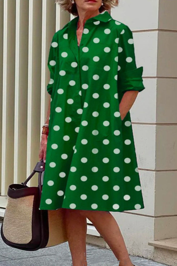 Momentlover Casual Print Polka Dot Patchwork Buckle Turndown Collar Shirt Dress Dresses(15 Colors)