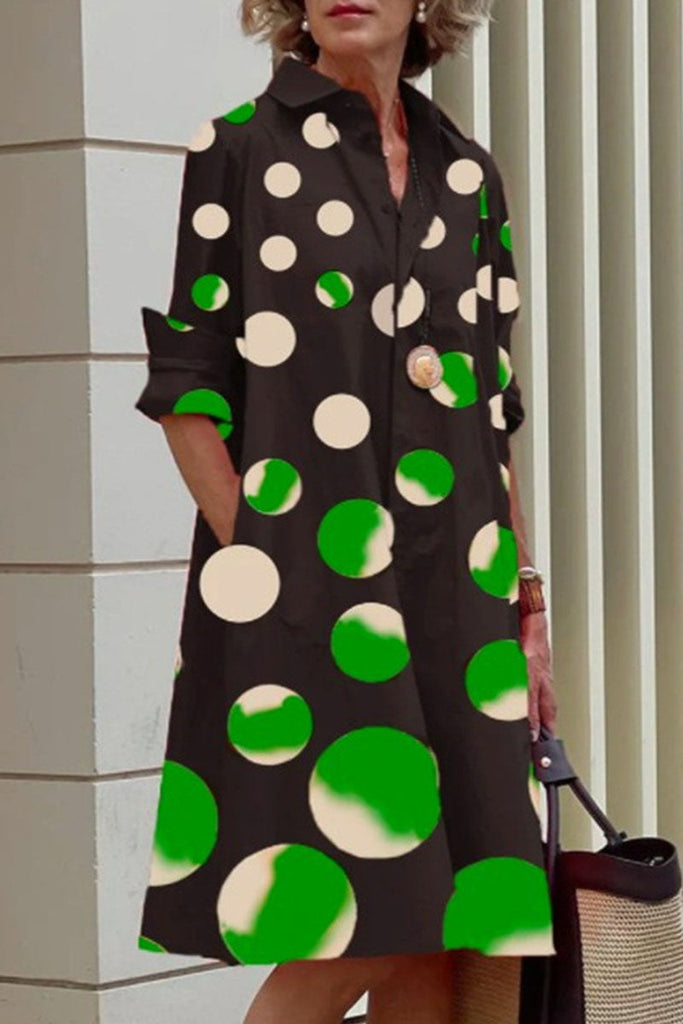 Momentlover Casual Print Polka Dot Patchwork Buckle Turndown Collar Shirt Dress Dresses(15 Colors)