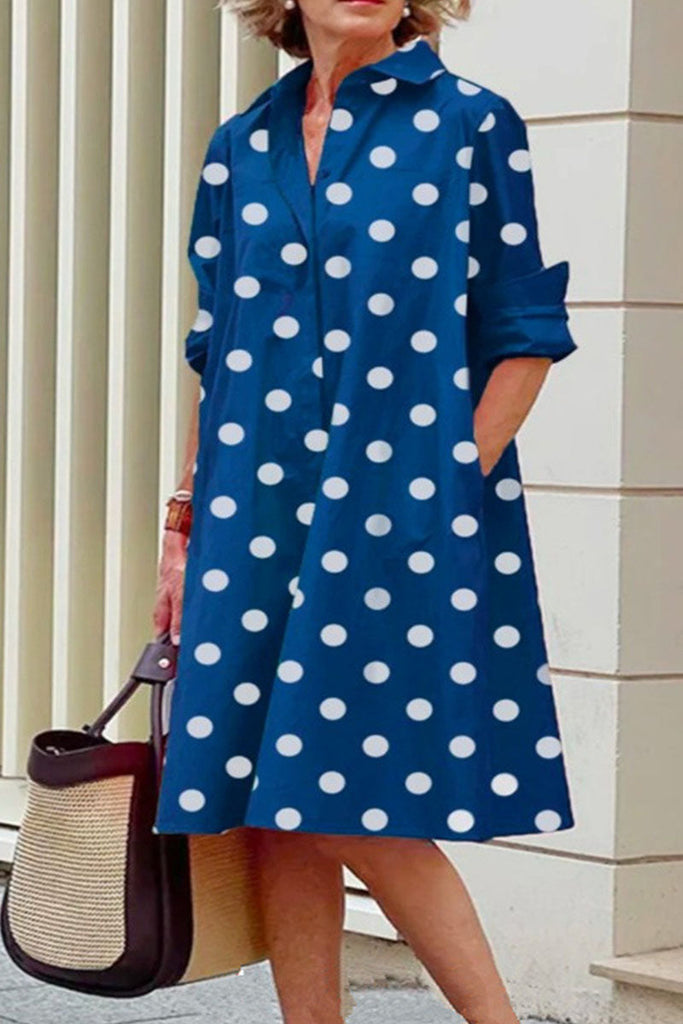 Momentlover Casual Print Polka Dot Patchwork Buckle Turndown Collar Shirt Dress Dresses(15 Colors)