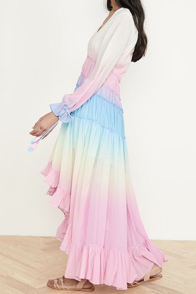 Momentlover Elegant Gradual Change Patchwork Frenulum V Neck Printed Dress Dresses(3 Colors)