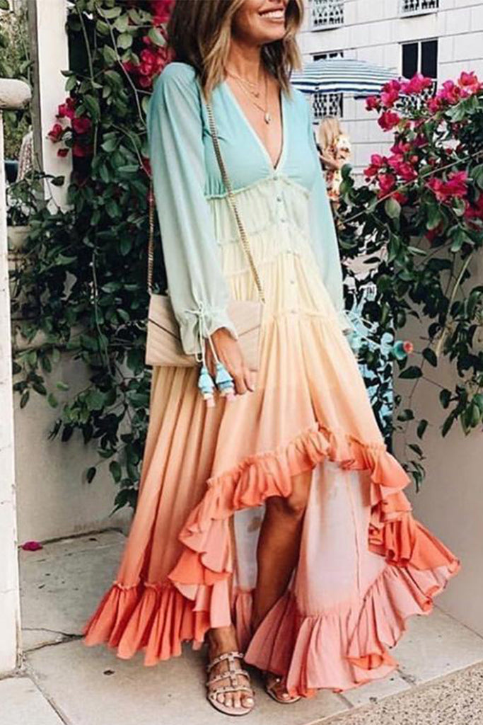 Momentlover Elegant Gradual Change Patchwork Frenulum V Neck Printed Dress Dresses(3 Colors)