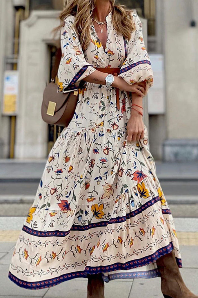 Momentlover Elegant Print Printing V Neck Printed Dress Dresses