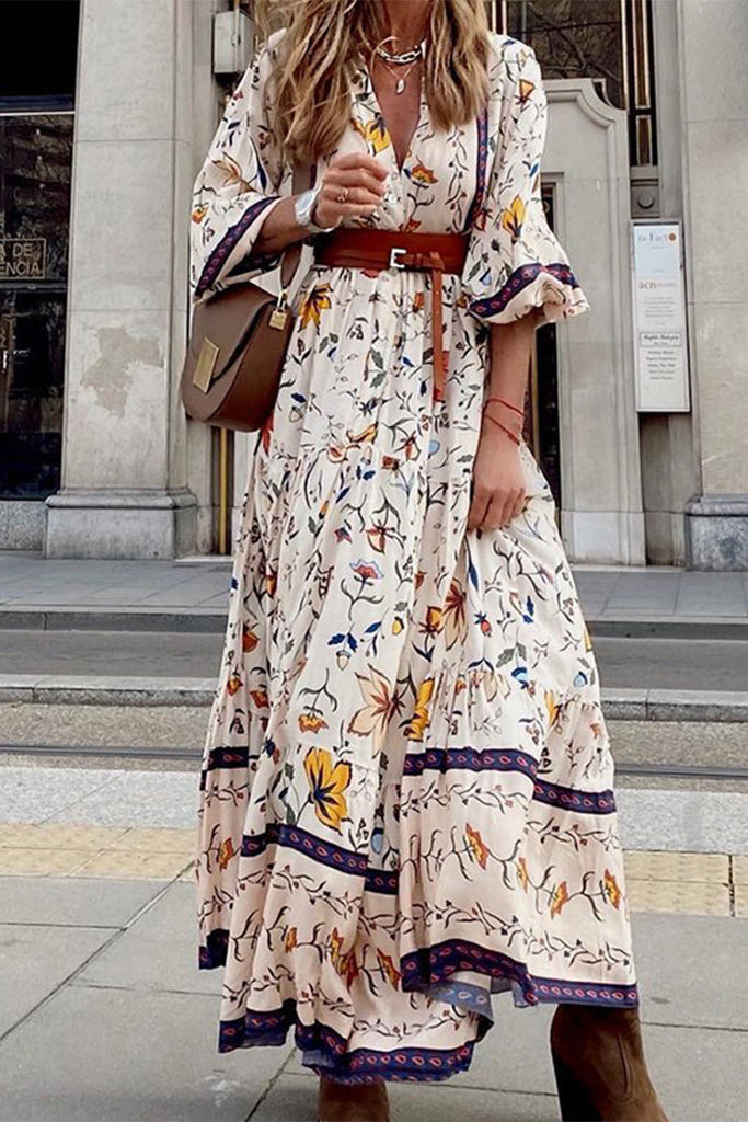 Momentlover Elegant Print Printing V Neck Printed Dress Dresses
