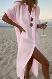 Momentlover Casual Solid Buckle Solid Color Turndown Collar A Line Dresses