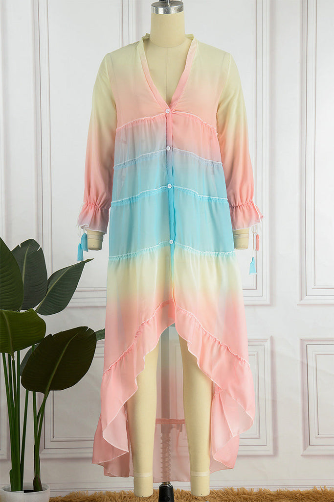 Momentlover Elegant Gradual Change Patchwork Frenulum V Neck Printed Dress Dresses(3 Colors)