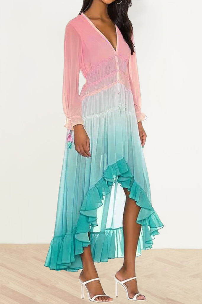 Momentlover Elegant Gradual Change Patchwork Frenulum V Neck Printed Dress Dresses(3 Colors)