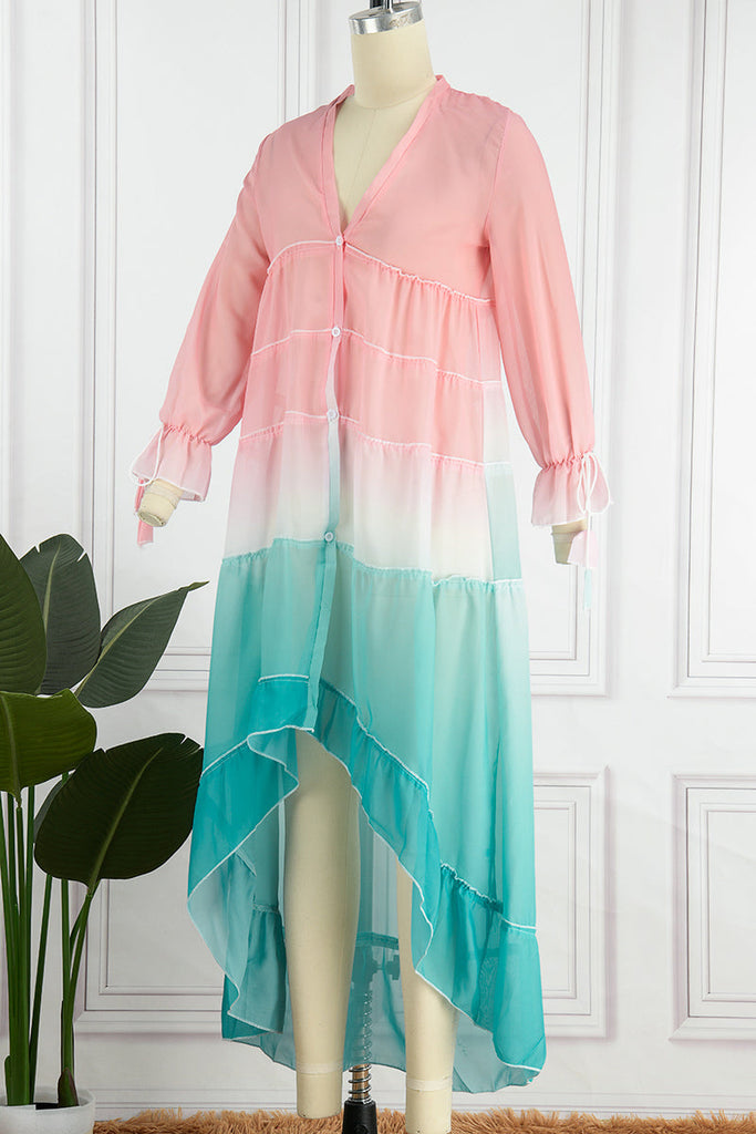 Momentlover Elegant Gradual Change Patchwork Frenulum V Neck Printed Dress Dresses(3 Colors)