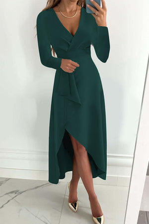 Momentlover Fashion Solid Patchwork V Neck Asymmetrical Dresses