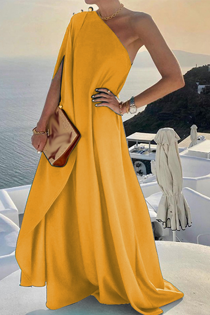 Momentlover Casual Solid Patchwork One Shoulder Straight Dresses