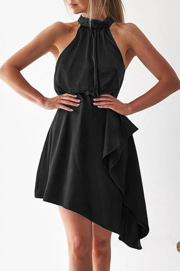 Momentlover Celebrities Elegant Solid Asymmetrical Halter Irregular Dress Dresses