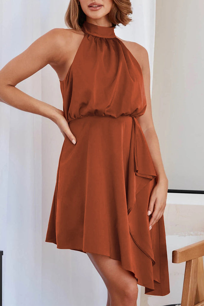 Momentlover Celebrities Elegant Solid Asymmetrical Halter Irregular Dress Dresses