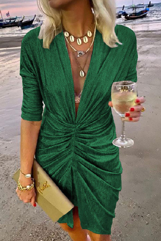 Momentlover Celebrities Elegant Solid Fold V Neck A Line Dresses