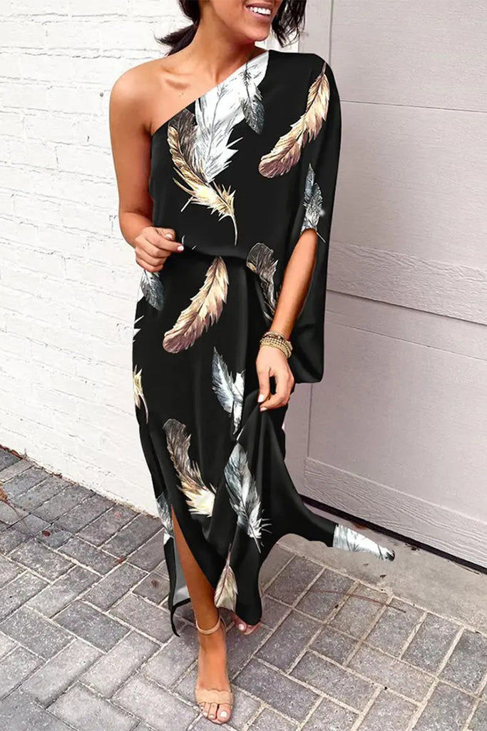 Momentlover Plus Size Casual Vacation Print Patchwork Oblique Collar Irregular Dress Dresses