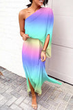 Momentlover Plus Size Casual Vacation Print Patchwork Oblique Collar Irregular Dress Dresses