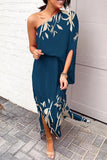 Momentlover Plus Size Casual Vacation Print Patchwork Oblique Collar Irregular Dress Dresses