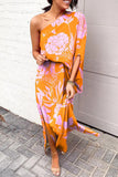 Momentlover Plus Size Casual Vacation Print Patchwork Oblique Collar Irregular Dress Dresses