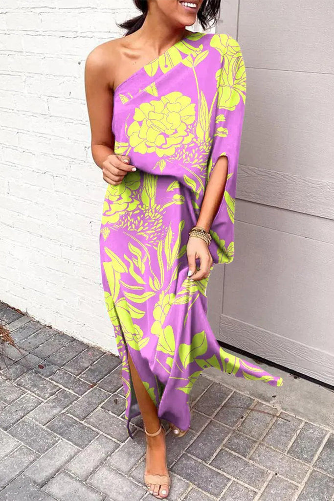 Momentlover Plus Size Casual Vacation Print Patchwork Oblique Collar Irregular Dress Dresses
