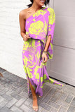Momentlover Plus Size Casual Vacation Print Patchwork Oblique Collar Irregular Dress Dresses