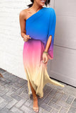 Momentlover Plus Size Casual Vacation Print Patchwork Oblique Collar Irregular Dress Dresses