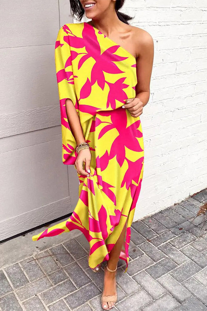 Momentlover Plus Size Casual Vacation Print Patchwork Oblique Collar Irregular Dress Dresses